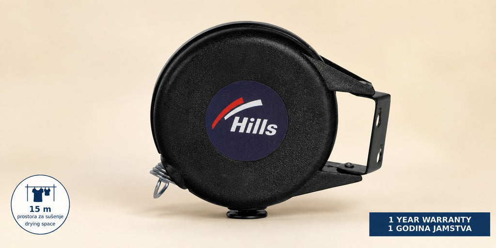 Hills Cordomatic Retractable Clothesline with 15 m drying line in black fully open in a clear product view.