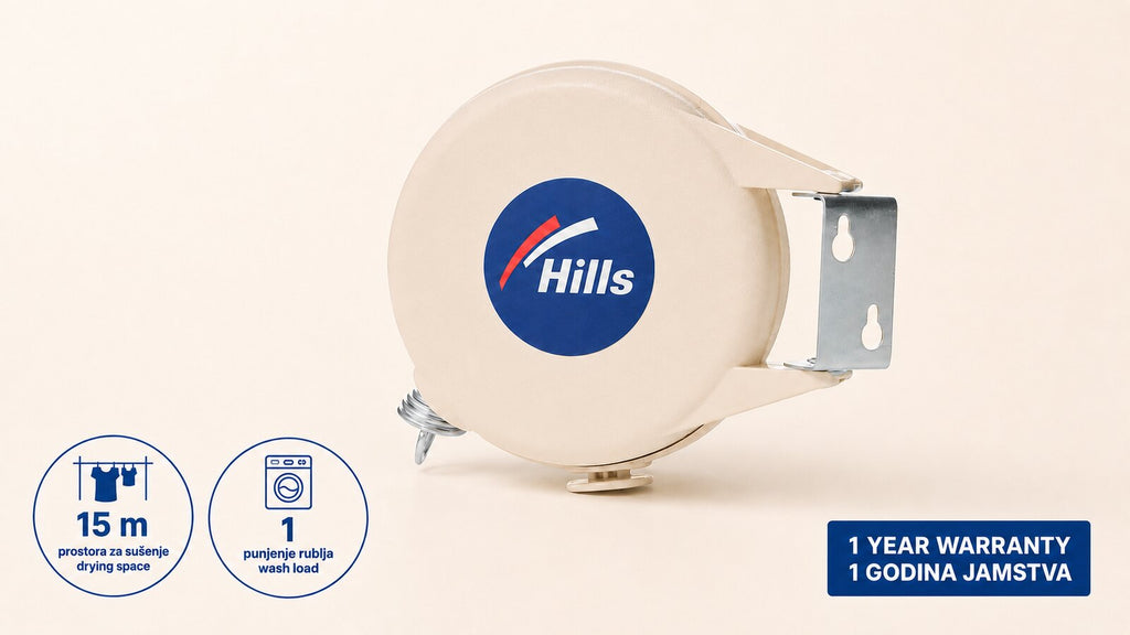Hills Cordomatic Retractable Clothesline with 15 m drying line in white front product view showing the casing, bracket and line hook.