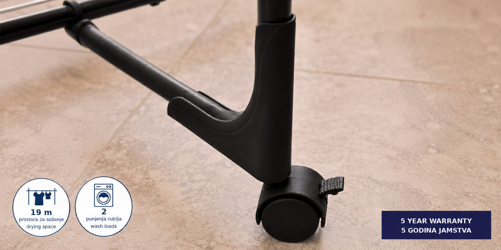 Hills Premium 3 Tier Mobile Drying Rack close-up of a rubberised locking wheel.