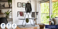 Hills Premium 2 Tier Garment Drying Rack in use with shirts, towels and garments hanging from its raised rail and drying levels.