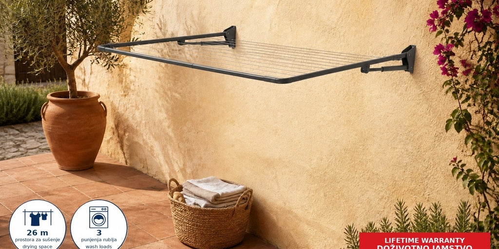 Hills Single Folding Frame Clothesline mounted outdoors in a warm Mediterranean garden.