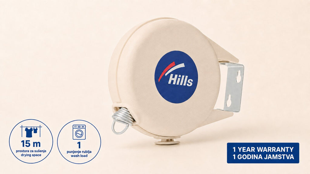 Hills Cordomatic Retractable Clothesline with 15 m drying line in white angled product view showing the frame and drying lines.