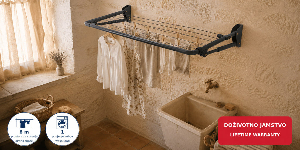 Hills Mini Folding Frame Clothesline installed in a traditional Croatian laundry room with light garments drying on the lines.