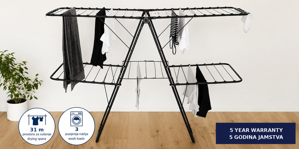 Hills Premium 2 Tier Drying Rack in use with laundry drying on the lines.