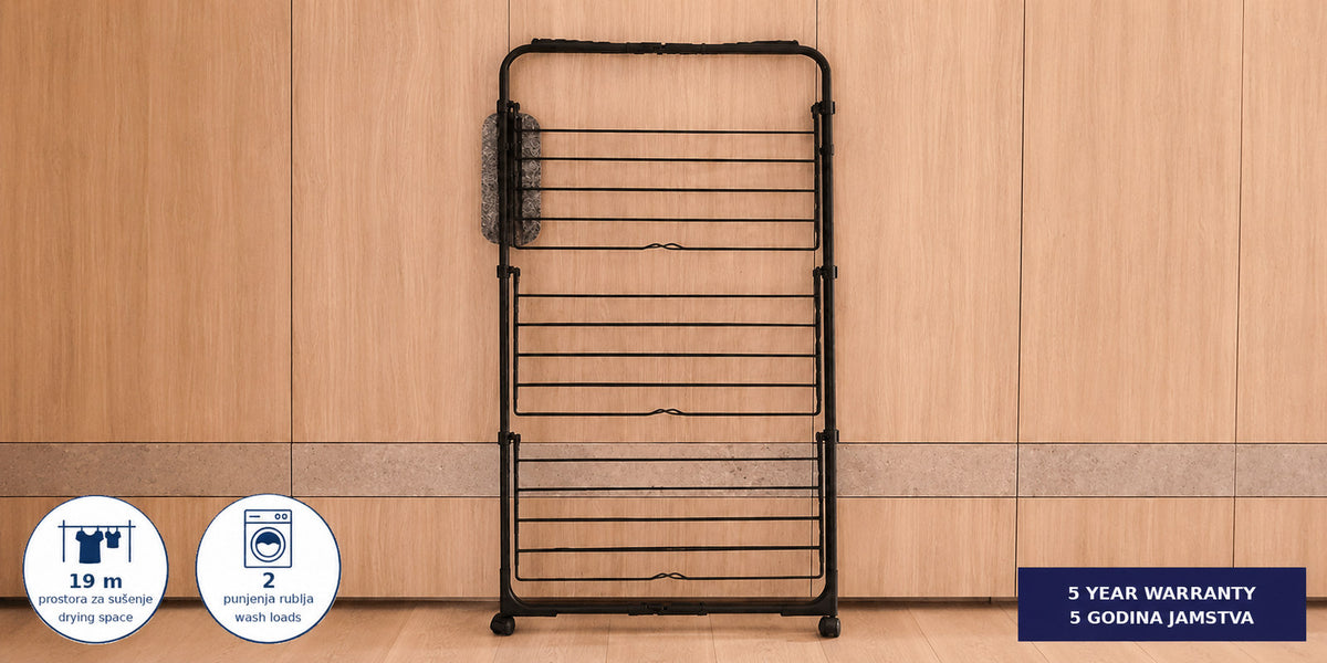 Hills Premium 3 Tier Mobile Drying Rack front view folded flat for compact storage.