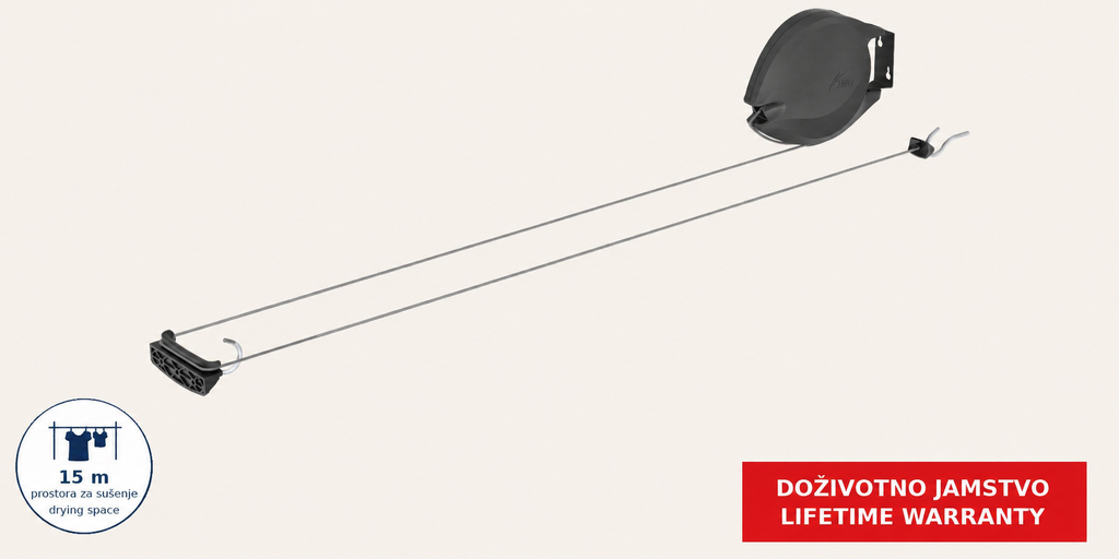Hills Single Retractable Clothesline with 15 m drying line with its retractable drying line fully extended.