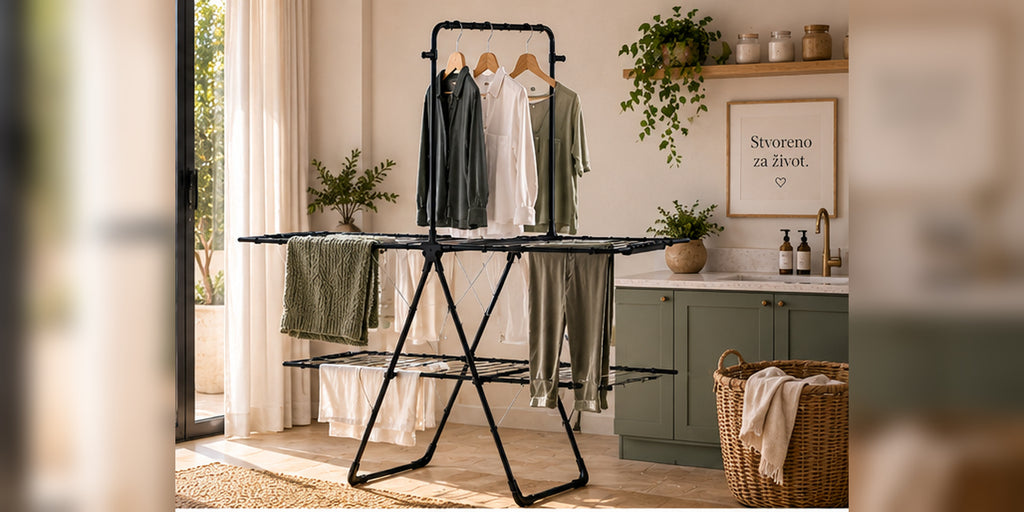 A black metal folding clothesline stand holding several hanging garments, set in a bright, modern laundry room with a green cabinet, plants, and a basket nearby.