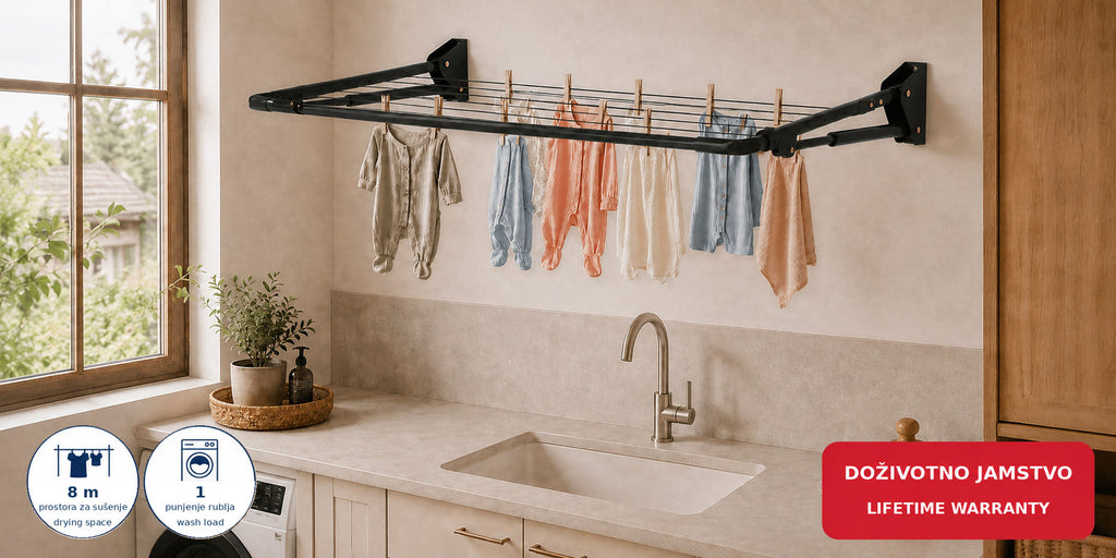 Hills Mini Folding Frame Clothesline installed in a modern laundry room with small garments drying on the lines.
