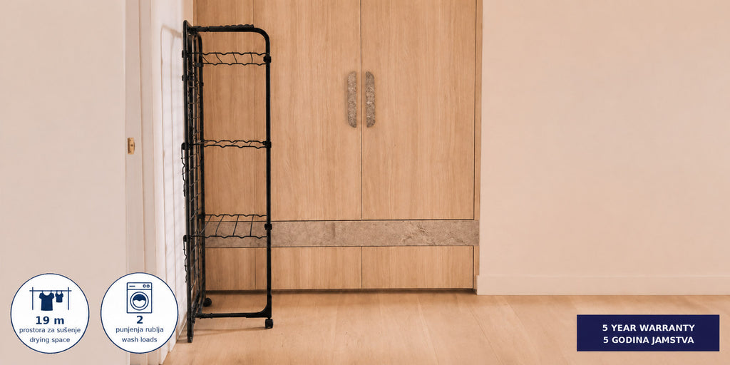 Hills Premium 3 Tier Mobile Drying Rack side view folded flat for compact storage.