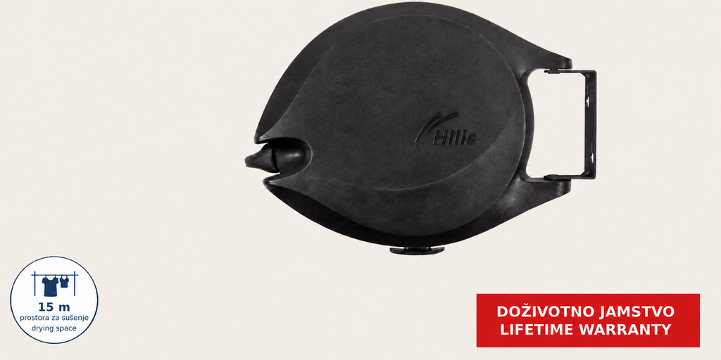 Hills Single Retractable Clothesline with 15 m drying line product view showing the compact casing and lifetime-warranty message.