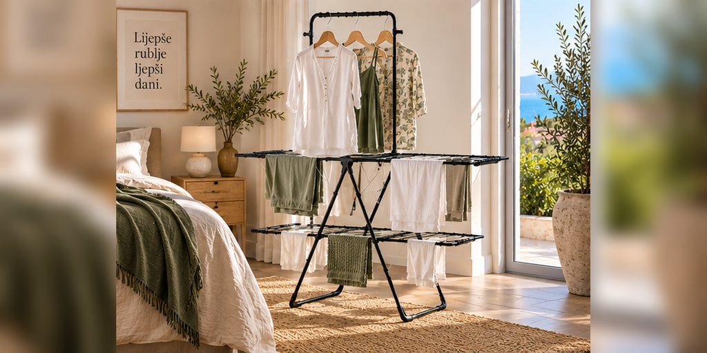 A black metal folding clothes rack with multiple tiers, shown in a bright, modern bedroom setting. White and green garments are hanging on the rack, with towels draped from the lower shelf.