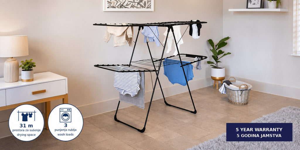 Hills Premium 2 Tier Drying Rack holding laundry in a modern living room.