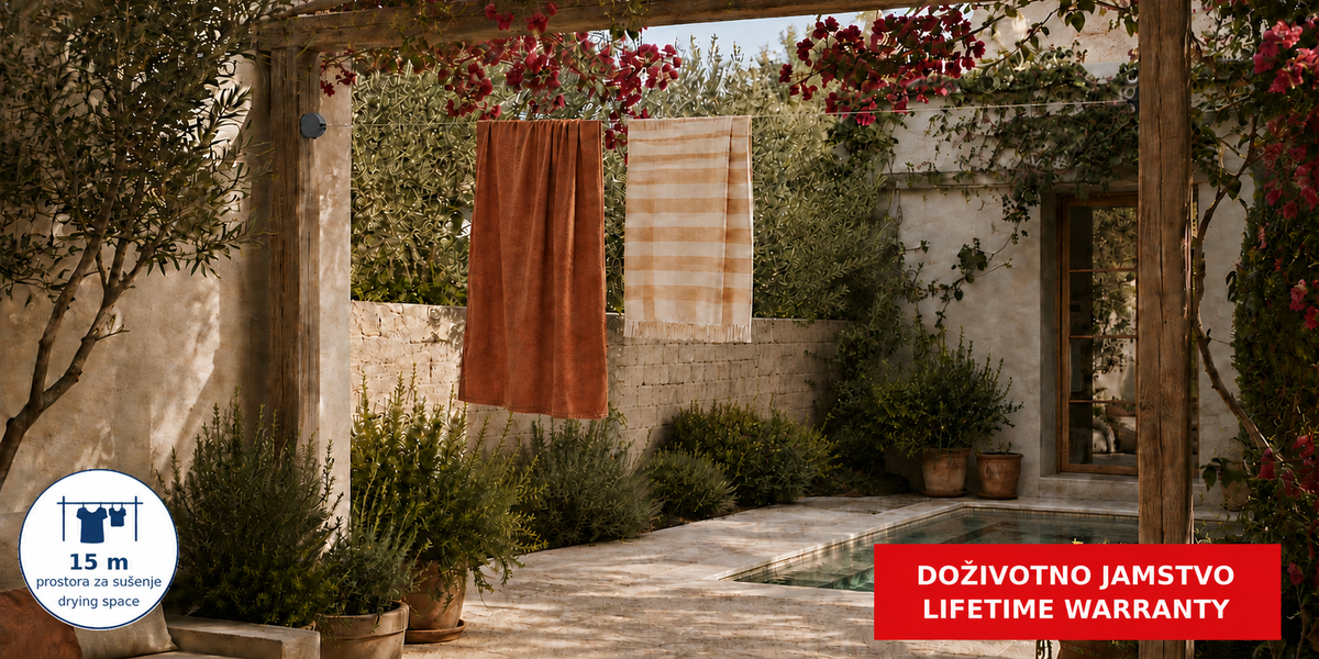 Hills Single Retractable Clothesline with 15 m drying line installed in a landscaped courtyard.
