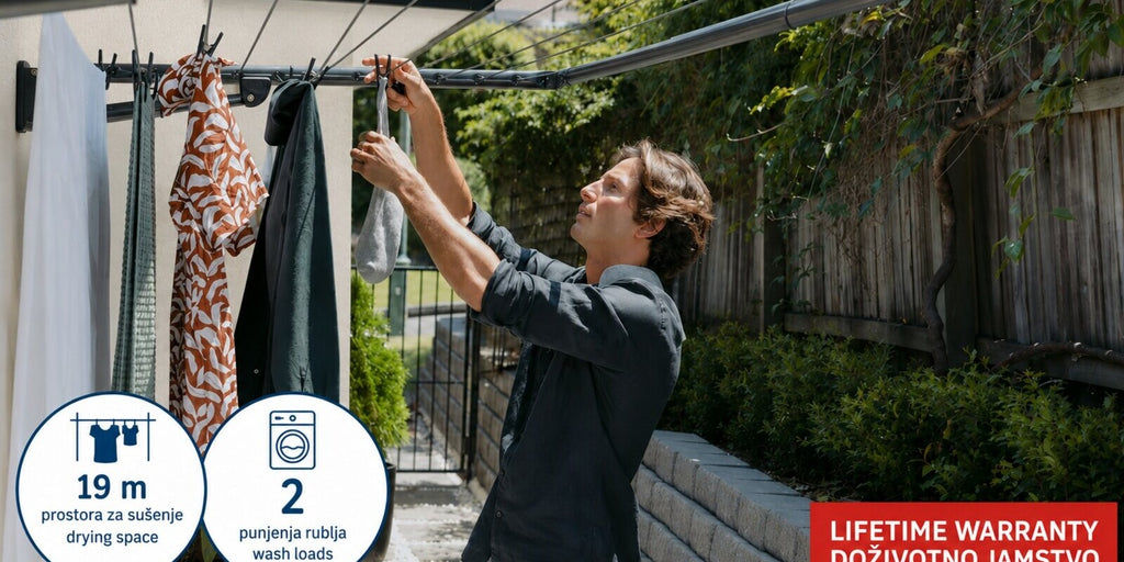 Hills Compact Folding Frame Clothesline – Monument in use with laundry drying on the lines.