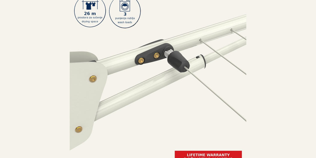 Hills Single Folding Frame Clothesline in Surfmist close-up of the adjustable line tensioner and frame fittings.