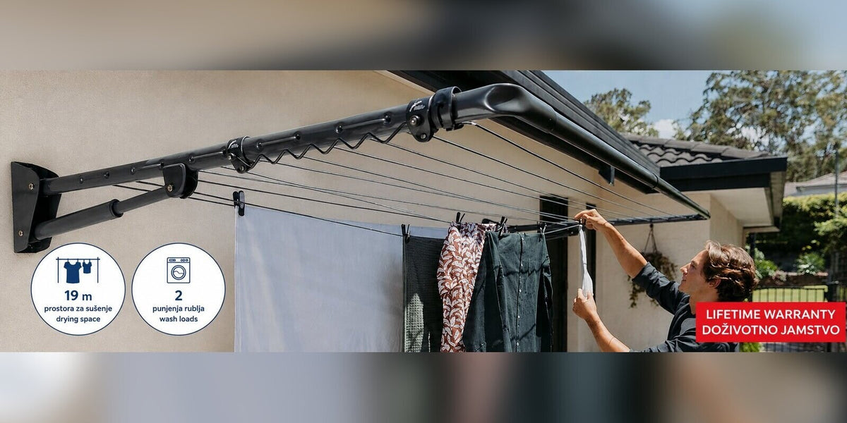 Hills Compact Folding Frame Clothesline – Monument close-up of the frame, drying lines and wall fittings.