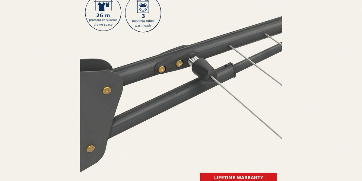 Hills Single Folding Frame Clothesline in Monument close-up of the adjustable line tensioner and frame fittings.