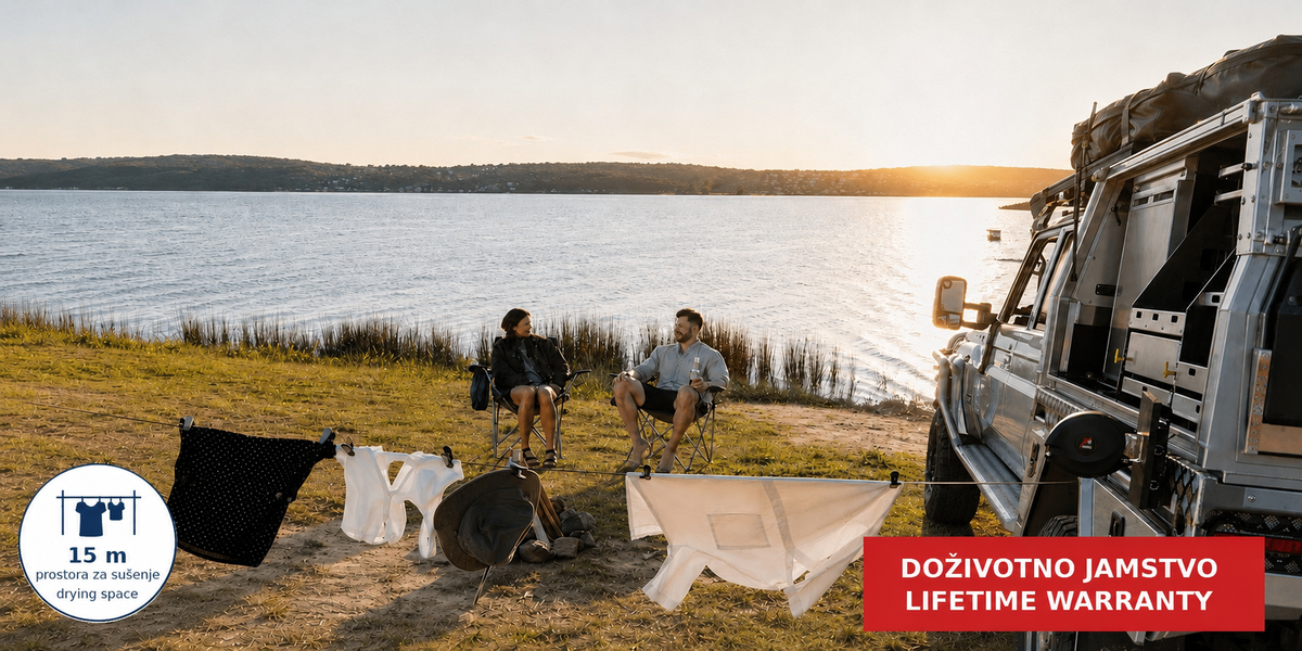 Hills Single Retractable Clothesline with 15 m drying line extended beside a camping vehicle at a lakeside campsite.