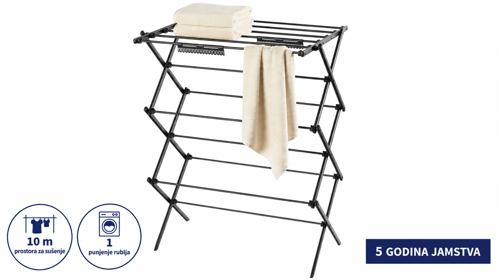 Black metal folding clothesline stand with towels draped on it, shown on a white background with two circular feature icons and a blue text label in Croatian. Everyday wide top airer, light weight, good pricing, 5 year warranty