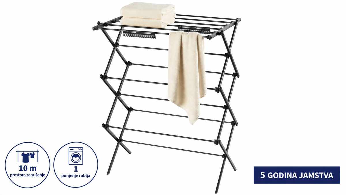 Black metal folding clothesline stand with towels draped on it, shown on a white background with two circular feature icons and a blue text label in Croatian. Everyday wide top airer, light weight, good pricing, 5 year warranty