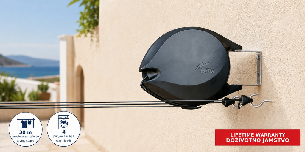 Hills Double Retractable Clothesline with 30 m drying space close-up while in use with the drying lines extended.