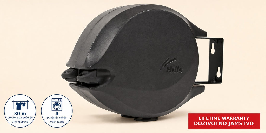 Hills Double Retractable Clothesline with 30 m drying space fully open in a clear product view.
