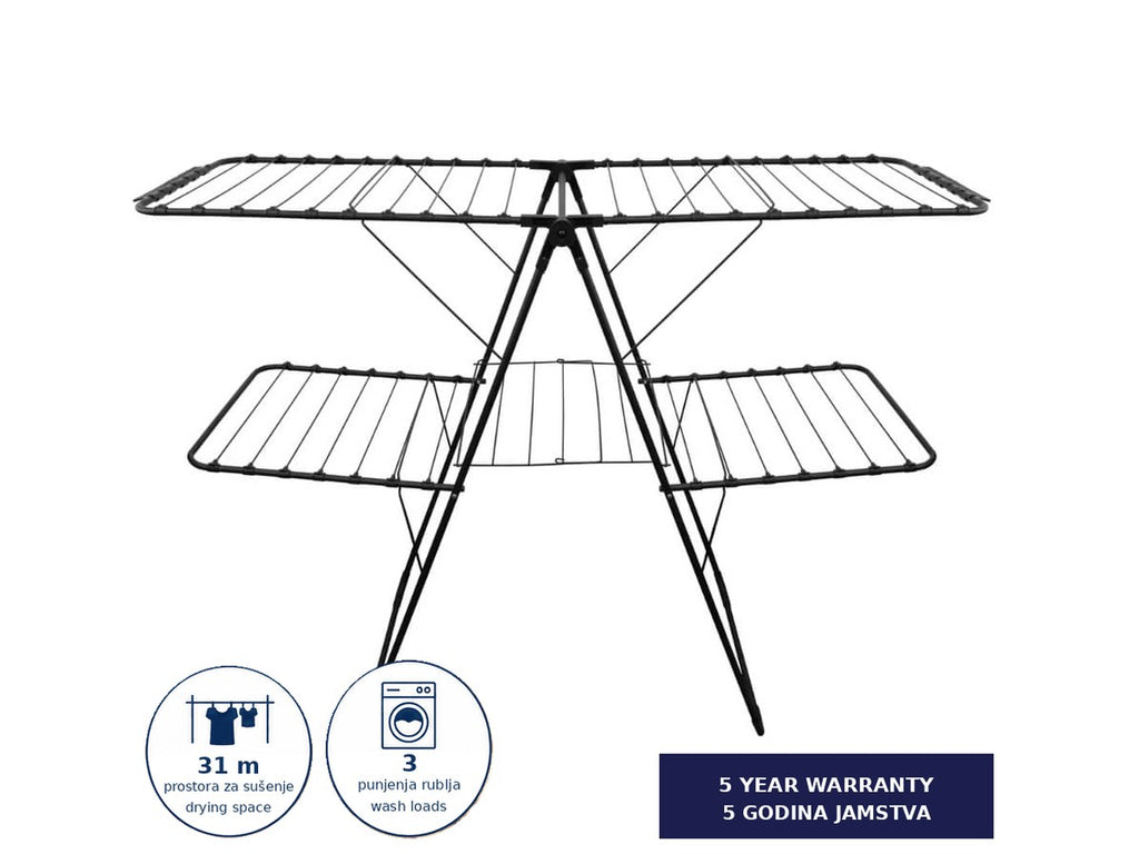 Hills Premium 2 Tier Drying Rack front product view showing the casing, bracket and line hook.
