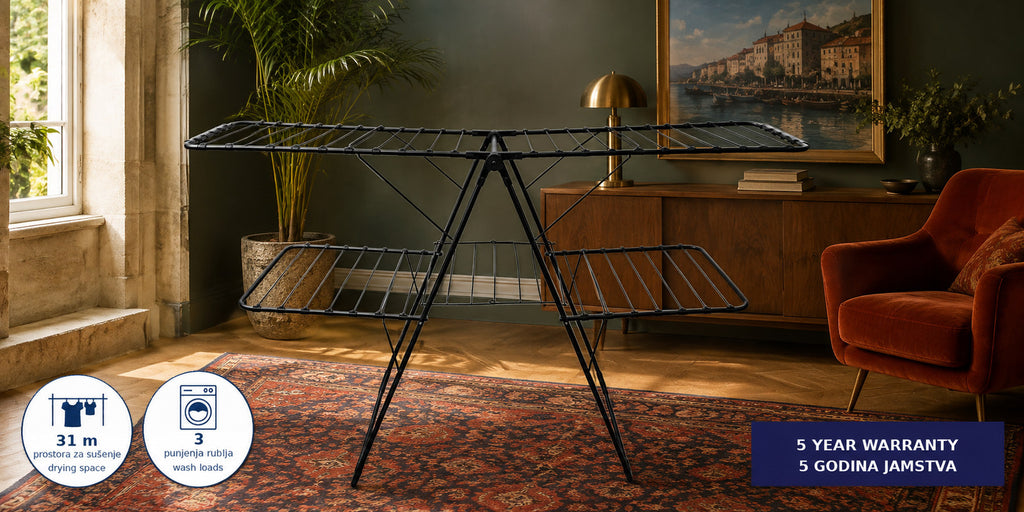 Hills Premium 2 Tier Drying Rack holding laundry in an elegant modern living room.