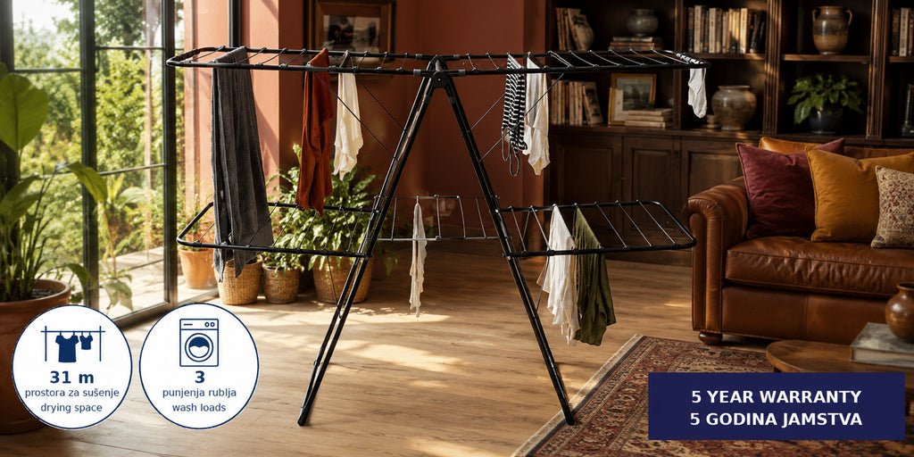 Hills Premium 2 Tier Drying Rack holding laundry in a bright family room.