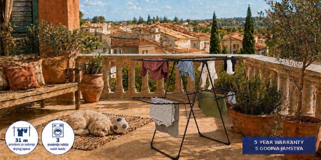 Hills Premium 2 Tier Drying Rack holding laundry on a modern balcony.