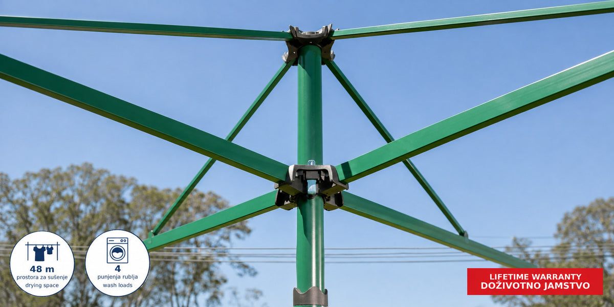 Hills Rotary 7 clothesline in Cottage Green close-up of the central folding mechanism.
