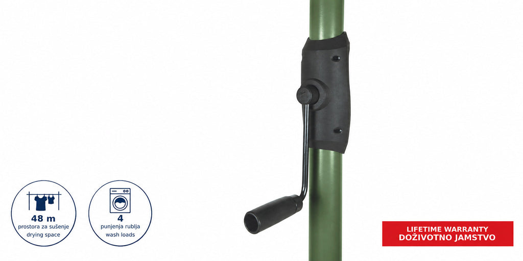 Hills Rotary 7 clothesline in Cottage Green close-up of the height-adjustment winding handle.
