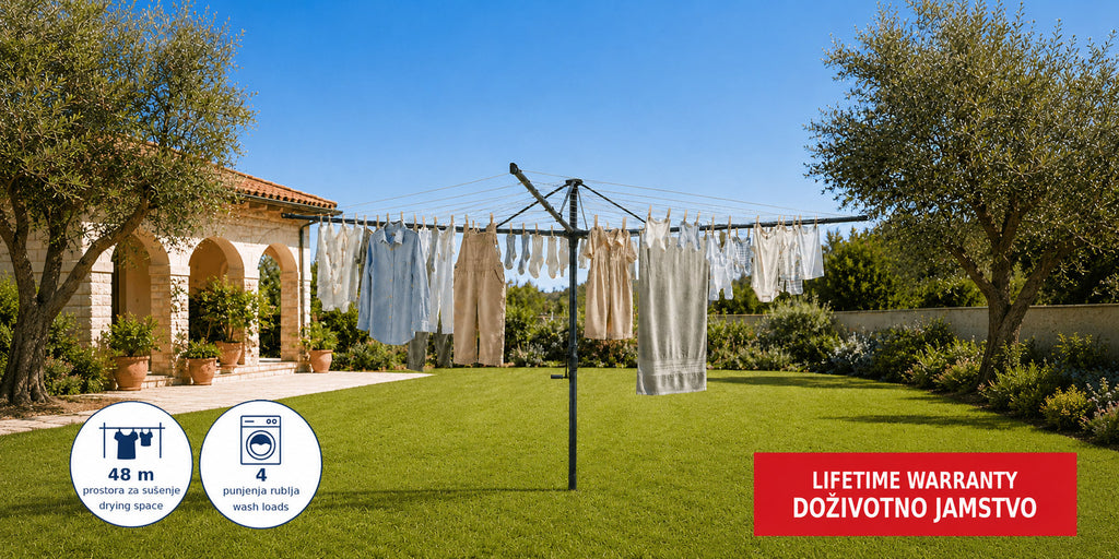 Hills Rotary 7 clothesline in Cottage Green installed in a garden setting.