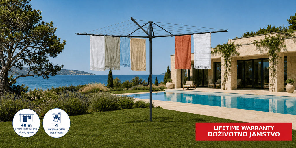 Hills Rotary 7 clothesline in Monument beside a swimming pool in a Mediterranean garden.