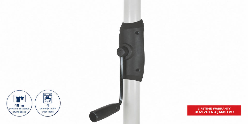 Hills Rotary 7 clothesline in Surfmist close-up of the height-adjustment winding handle.